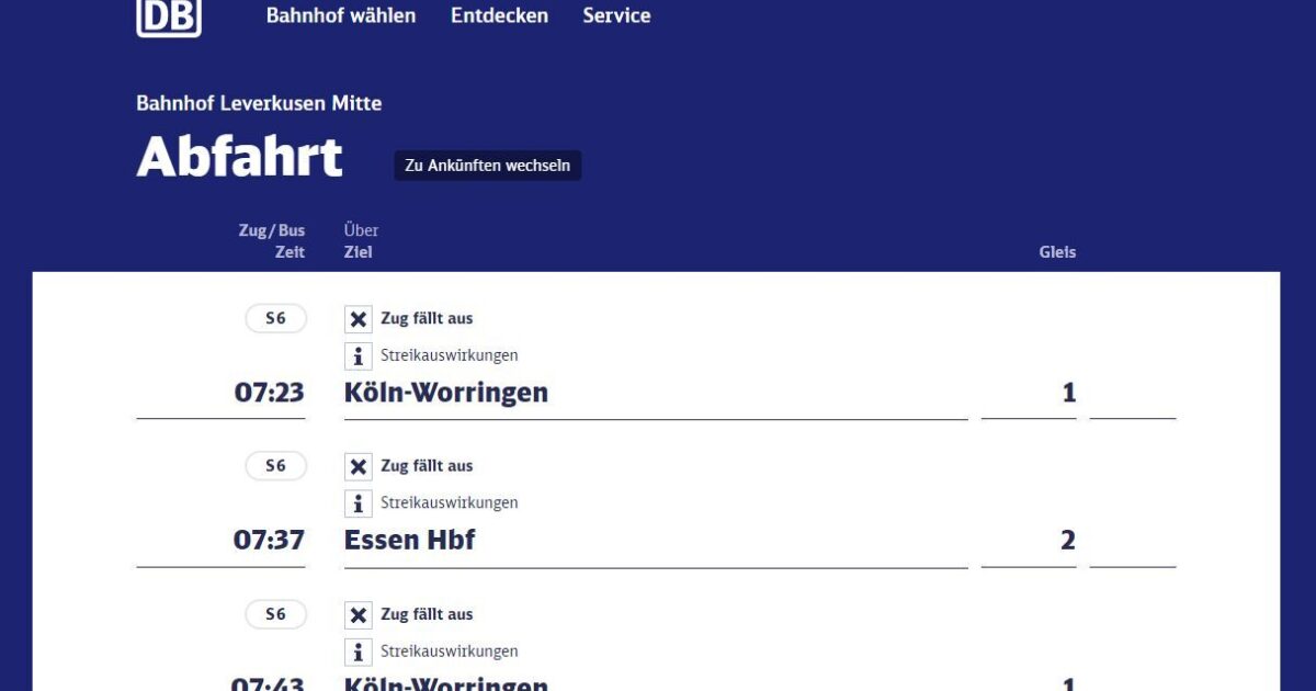 Screenshot: Zugausfälle Leverkusen Mitte